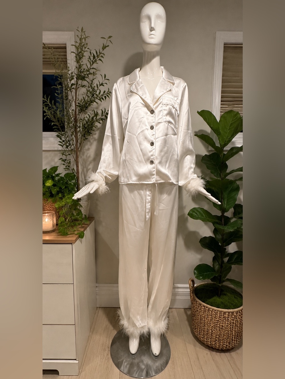 Lulus White Satin Feather Trim Pajama Set XL Bridal Glam Lounge Set